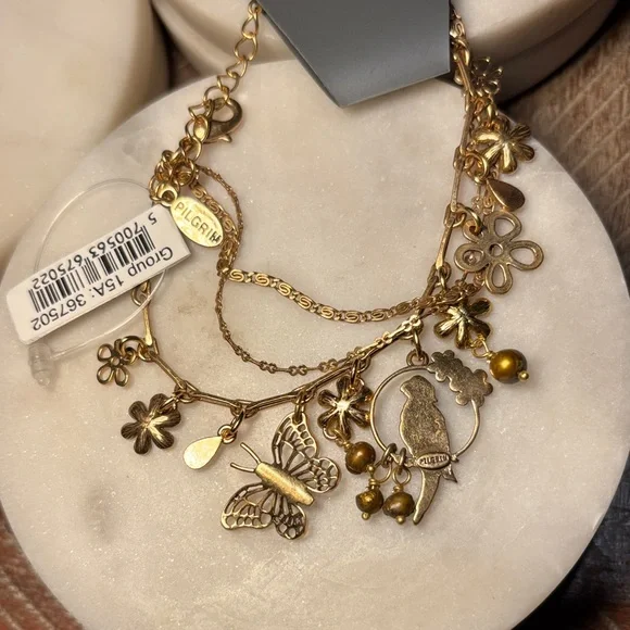 (#65) Pilgrim Gold Necklace with Green Floral Charms - Picture 4 of 4